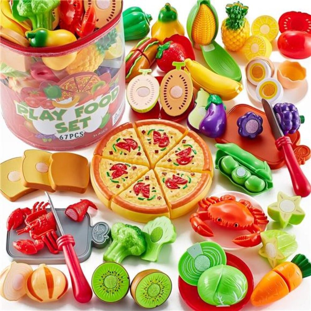 67Pc Pretend Play Food Sets for Kids Kitchen, Pizza Toy Food & Cutting Fake Food